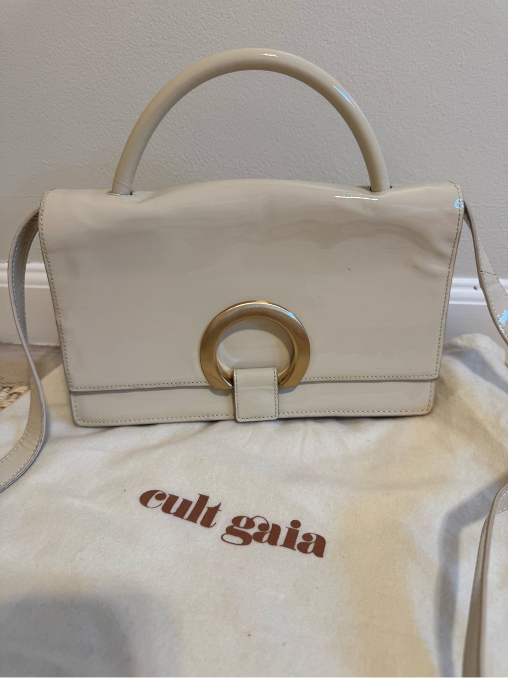 cult gaia Cream Patent Leather Top Handle Satchel with Gold Ring